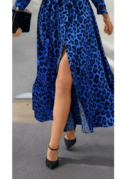 Mdb Kadın Uzun Kollu Yakalı Belden Kuşaklı Leopar Desenli Modal Uzun Elbise modelleri