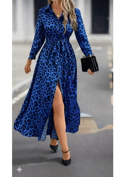 Mdb Kadın Uzun Kollu Yakalı Belden Kuşaklı Leopar Desenli Modal Uzun Elbise fırsatları
