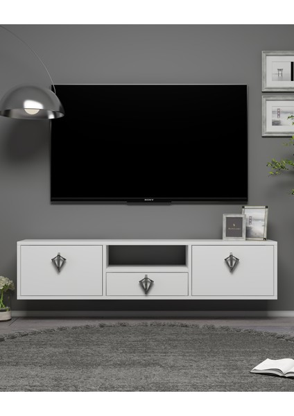 1316DROPCT-32 Duvara Montaj Tv Sehpası Beyaz-Gümüş