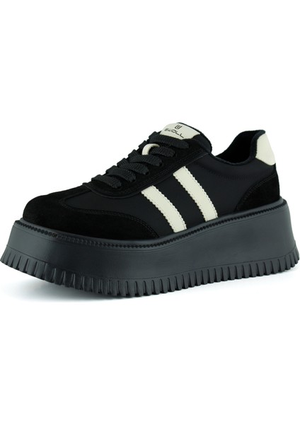 Siyah Vegan Süet Yuvarlak Burun Bağcıklı Flatform Taban Günlük Sneaker Spor Ayakkabı