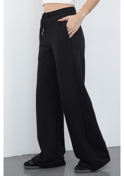 Zenara Kadın 3 Iplik Şardonsuz Pamuk Geniş Paça Siyah Eşofman Altı