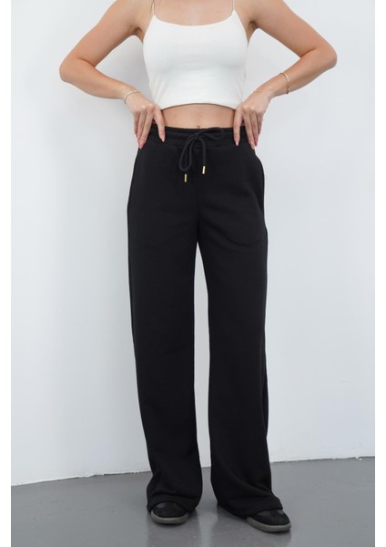 Zenara Kadın 3 Iplik Şardonsuz Pamuk Geniş Paça Siyah Eşofman Altı modelleri