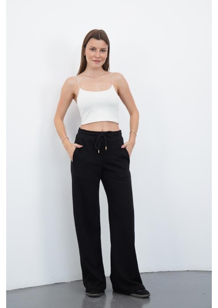 Zenara Kadın 3 Iplik Şardonsuz Pamuk Geniş Paça Siyah Eşofman Altı