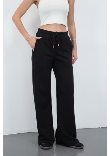 Zenara Kadın 3 Iplik Şardonsuz Pamuk Geniş Paça Siyah Eşofman Altı