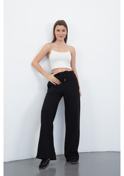 Zenara Kadın 3 Iplik Şardonsuz Pamuk Geniş Paça Siyah Eşofman Altı