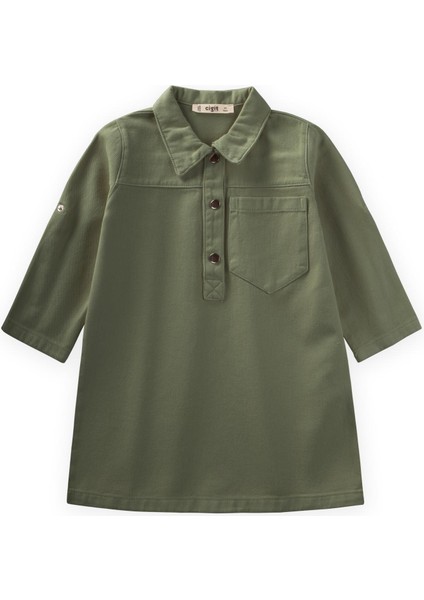 Boyalı Gabardin Elbise 2-7 Yaş Haki Yeşil