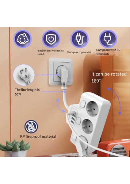 Anahtar Güç Şeridi ile Ab Fiş Soketi Ab Standart Soket Dönüştürücü 3 Ac + 3 USB + 1 Tip C Çıkışları 0 05M Örgülü Kablo (Yurt Dışından) fiyatları