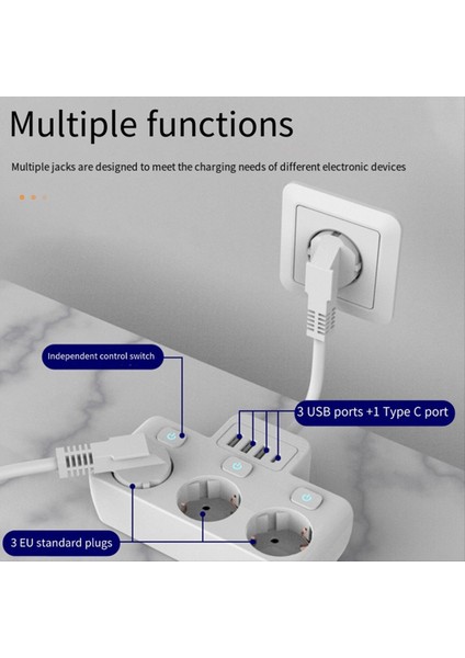 Anahtar Güç Şeridi ile Ab Fiş Soketi Ab Standart Soket Dönüştürücü 3 Ac + 3 USB + 1 Tip C Çıkışları 0 05M Örgülü Kablo (Yurt Dışından) modelleri