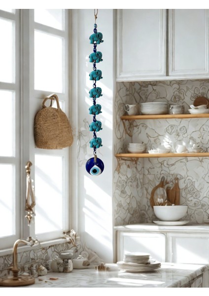 7’li Fil Figürlü Nazar Boncuklu Duvar Süsü – Şans ve Bereket Sembolü - Dekoratif Aksesuar