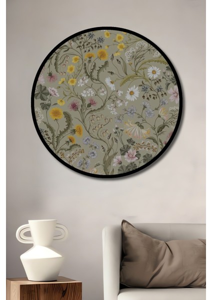 Dekoratif Ahşap Yuvarlak Çerçeve Görünümlü Tablo Çiçeklerin Dansı