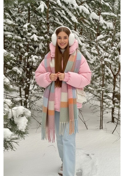 Ithal Puffy Pastel Kare Desenli Atkı Şal Omuz Şalı