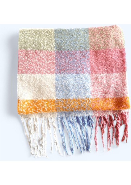 Ithal Puffy Pastel Kare Desenli Atkı Şal Omuz Şalı