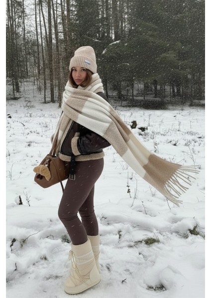 Ithal Puffy Bej Kare Desenli Atkı Şal Omuz Şalı fırsatları