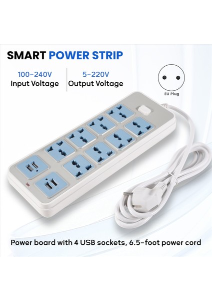 4 USB Soketli Güç Şeridi 3000W Güç 8 Evrensel Soket 6 5 Metrelik Güç Kablosu Ab Fişi (Yurt Dışından) fırsatları