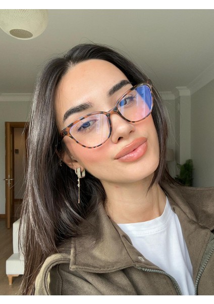 Nancy Vog Leopar Cat Eye 56 Ekartman Çekik Blue Block Mavi Işık Korumalı Cam Değişebilir Erkan Gözlüğü