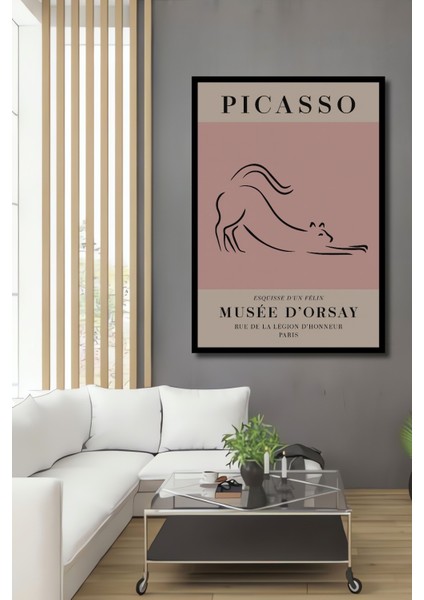 Dekoratif Ahşap Dikdörtgen Tablo Picasso Kedi Çizimi Çerçeve Görünümlü