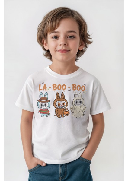 Halloween Labubu La Boo Boo Cadılar Bayramı Baskılı Çocuk Tişört Sevimli Hayalet Beyaz T-Shirt