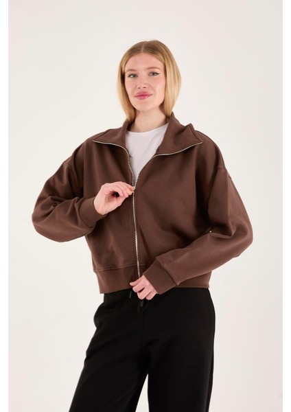 %100 Pamuk Fermuarlı Yüksek Yakalı Kadın Sweatshirt