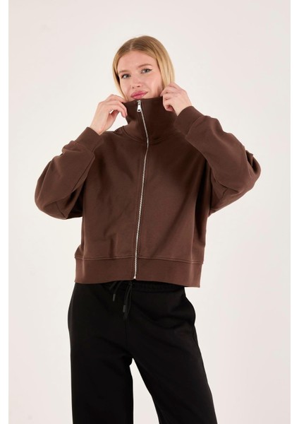 %100 Pamuk Fermuarlı Yüksek Yakalı Kadın Sweatshirt fiyatları