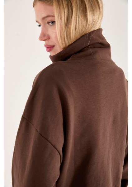 %100 Pamuk Fermuarlı Yüksek Yakalı Kadın Sweatshirt indirimleri