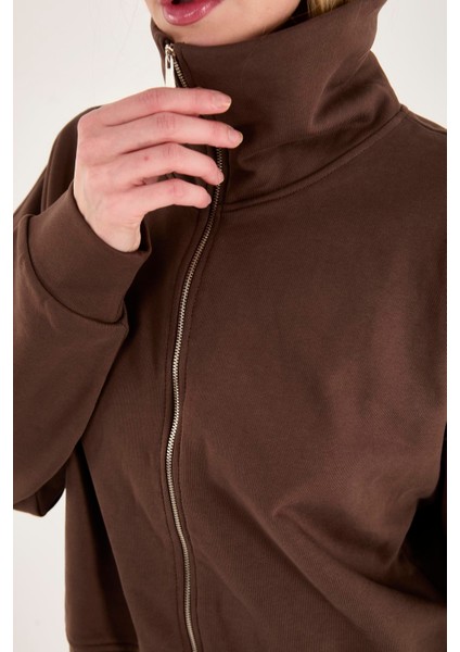 %100 Pamuk Fermuarlı Yüksek Yakalı Kadın Sweatshirt