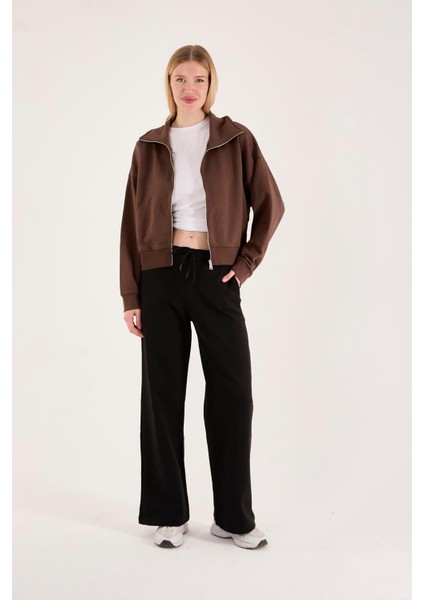 %100 Pamuk Fermuarlı Yüksek Yakalı Kadın Sweatshirt