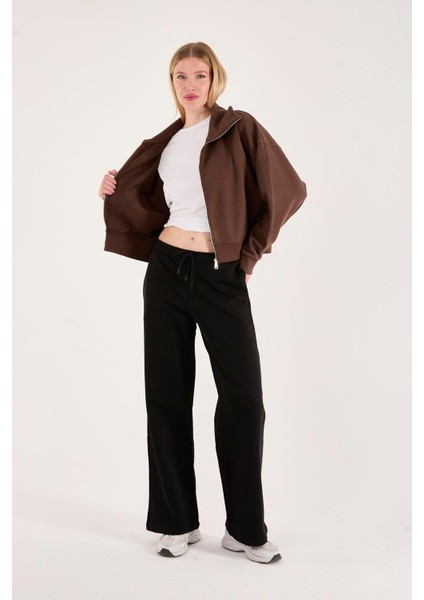 %100 Pamuk Fermuarlı Yüksek Yakalı Kadın Sweatshirt