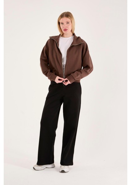 %100 Pamuk Fermuarlı Yüksek Yakalı Kadın Sweatshirt