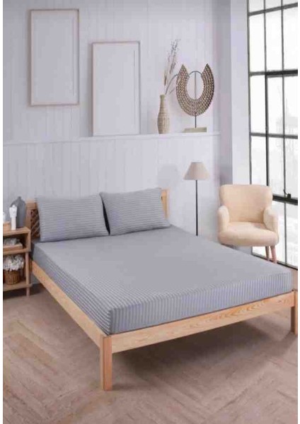 Pamuk Saten Çizgili 1 Adet Lastikli Çarşaf 2 Adet Yastık Kılıfı Seti Gri Renk