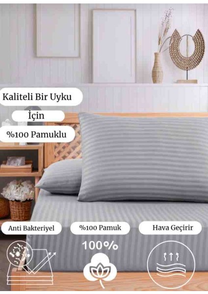Pamuk Saten Çizgili 1 Adet Lastikli Çarşaf 2 Adet Yastık Kılıfı Seti Gri Renk modelleri