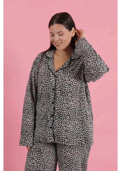Kadın Büyük Beden Leopar Desenli Düğmeli Pijama Takımı modelleri