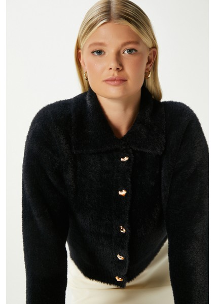 Kadın Date Yumuşak Sakallı Kalp Düğmeli Polo Yaka Siyah Triko Hırka