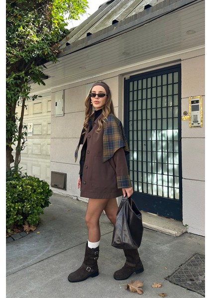 Kahverengi Ekose Garnili Trençkot - 7620 modelleri