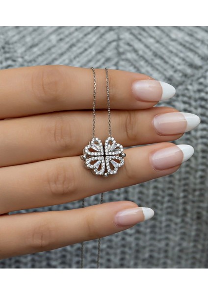 Mıknatıslı Gümüş Yonca Kolye Çelik