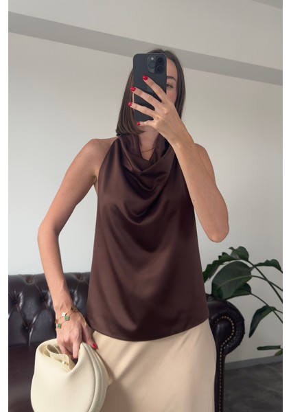 Premium Saten Bluz- Kahverengi