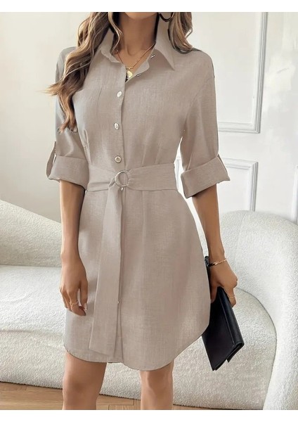 Kadın Uzun Kollu Yakalı Önden Düğmeli Beli Kuşaklı Mini Ithal Keten Elbise