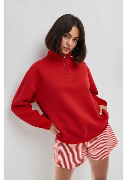Kadın Yarım Fermuar Içi Polarlı Kırmızı Sweat Elbise