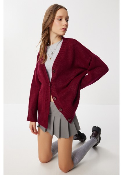 Oversize Düz Örgü Triko Hırka LNF0027 Bordo