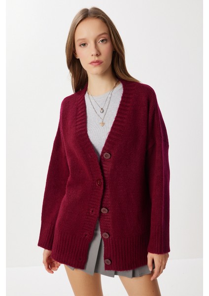 Oversize Düz Örgü Triko Hırka LNF0027 Bordo fiyatları