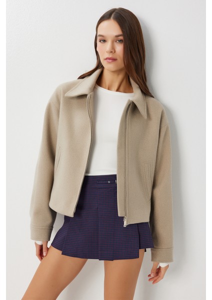 Polo Yaka Fermuarlı Kaşe Ceket LOH0015 Bej
