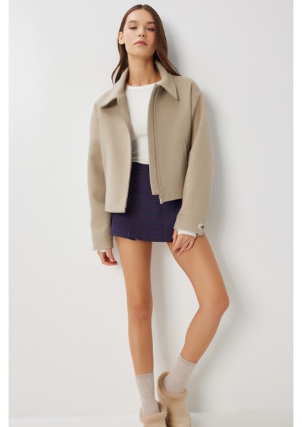 Polo Yaka Fermuarlı Kaşe Ceket LOH0015 Bej fiyatları