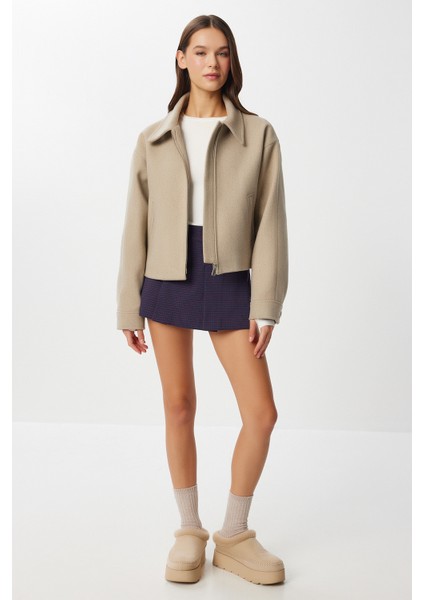 Polo Yaka Fermuarlı Kaşe Ceket LOH0015 Bej modelleri