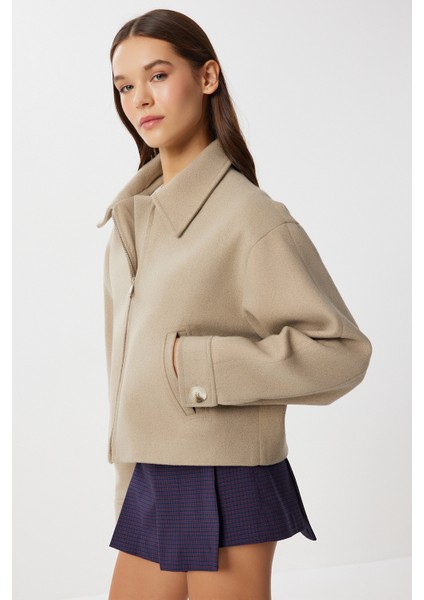Polo Yaka Fermuarlı Kaşe Ceket LOH0015 Bej indirimleri