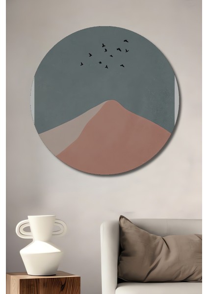 Dekoratif Ahşap Yuvarlak Tablo Uçan Kuşlar Dağ Tepesi