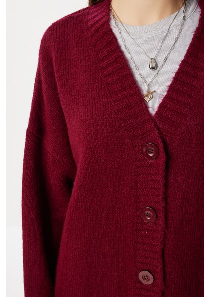 Oversize Düz Örgü Triko Hırka LNF0027 Bordo indirimleri