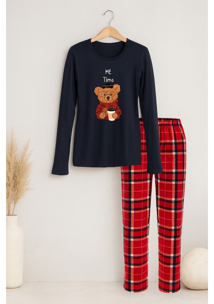 Kadın Yumuşak Dokulu Ayıcık Baskılı Ekose Desenli Pijama Takımı