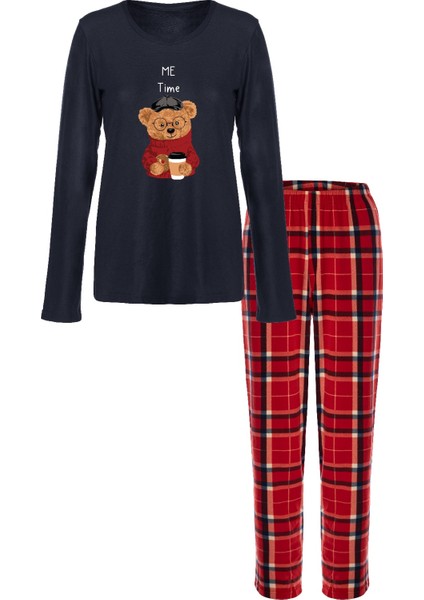 Kadın Yumuşak Dokulu Ayıcık Baskılı Ekose Desenli Pijama Takımı fiyatları