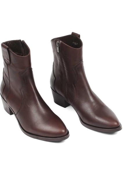 Kadın Kahverengi Fermuarlı Deri Bot