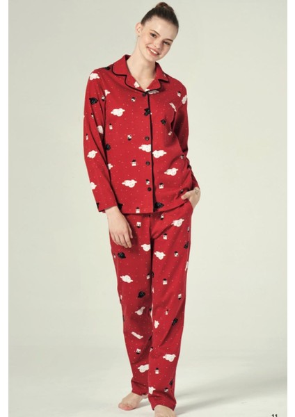 Kırmızı Cotton Düğmeli Yaka Bulut Desenli Kadın Pijama Takımı