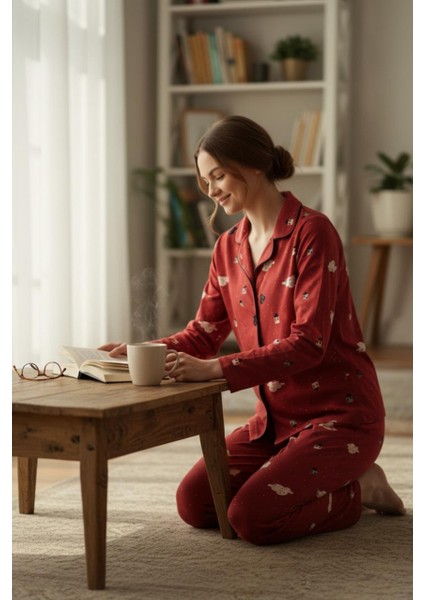 Kırmızı Cotton Düğmeli Yaka Bulut Desenli Kadın Pijama Takımı fiyatları